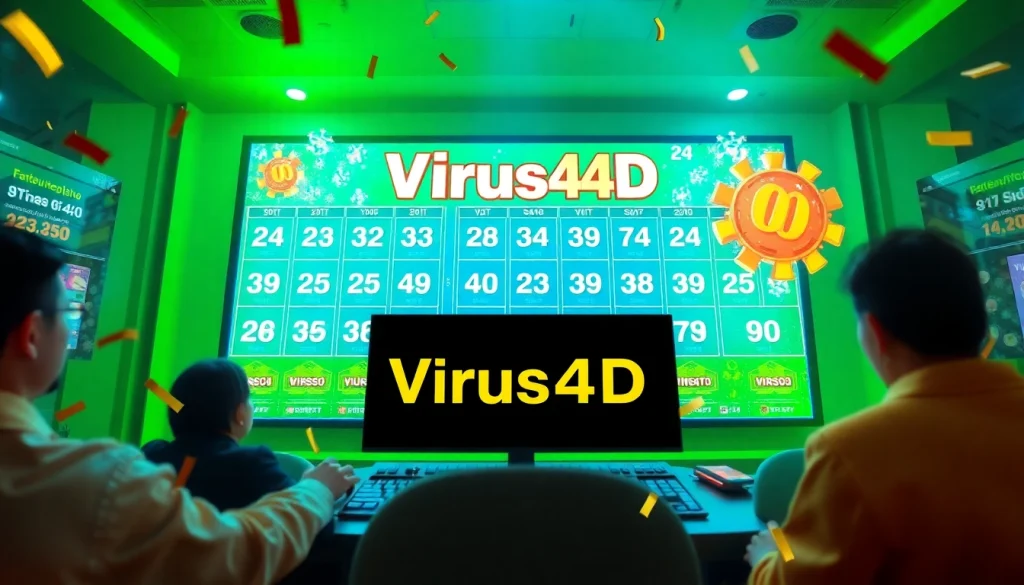 Menampilkan antarmuka menarik virus4d dengan simbol keberuntungan dan angka yang dinamis.