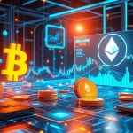 Wizualizacja handlu kryptowalutami z symbolami Bitcoin i Ethereum, siecią blockchain oraz interfejsami portfeli cyfrowych.