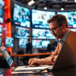 Engaged journalist at regionalmedianews.com laptop in a vibrant newsroom environment.