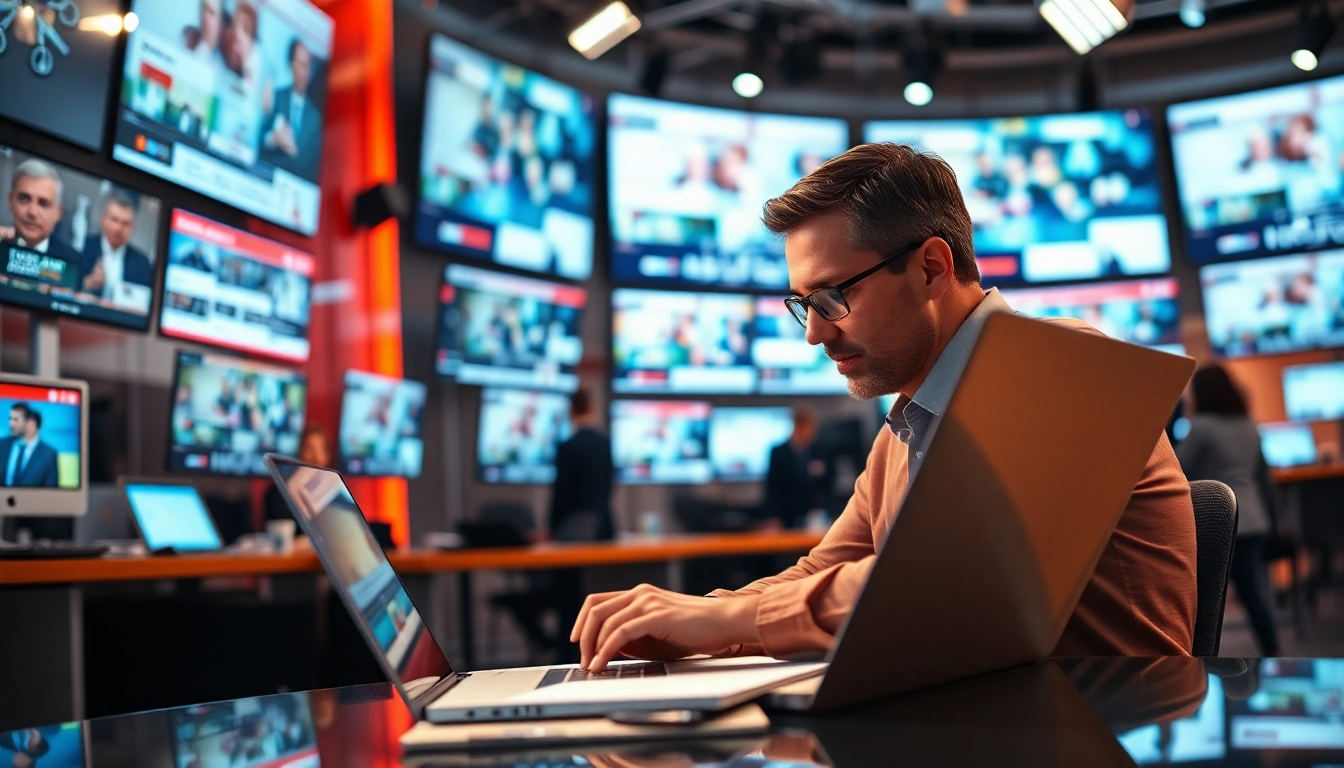 Engaged journalist at regionalmedianews.com laptop in a vibrant newsroom environment.