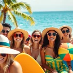 Vibrant beach scene with tourists enjoying relaxation at https://travelvixta.com, showcasing joyful expressions and summer fun.