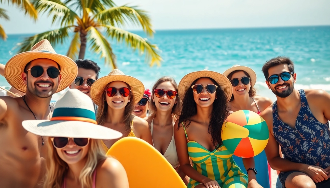 Vibrant beach scene with tourists enjoying relaxation at https://travelvixta.com, showcasing joyful expressions and summer fun.