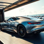 Showcasing luxury auto transport with https://luxuryautocarriers.com prominently featuring a high-end vehicle being loaded securely.