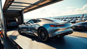 Showcasing luxury auto transport with https://luxuryautocarriers.com prominently featuring a high-end vehicle being loaded securely.