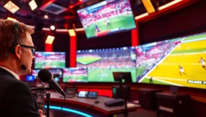 스포츠중계 현장에서 생생한 스포츠 중계를 하는 모습.