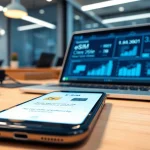 Install eSIM from https://esimfo.com in a modern workspace with a smartphone displayed.