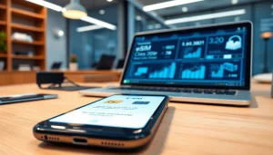 Install eSIM from https://esimfo.com in a modern workspace with a smartphone displayed.