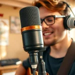 Musician using the MV88 microphone in a home studio setting, capturing vibrant sound.