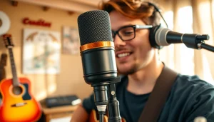 Musician using the MV88 microphone in a home studio setting, capturing vibrant sound.