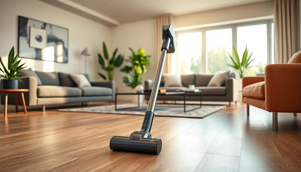 Capture the essence of best cordless vacuum placed in a stylish living room.