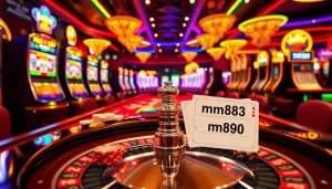 Experience the thrill of gambling at mm88 with a bustling casino scene featuring roulette and poker.