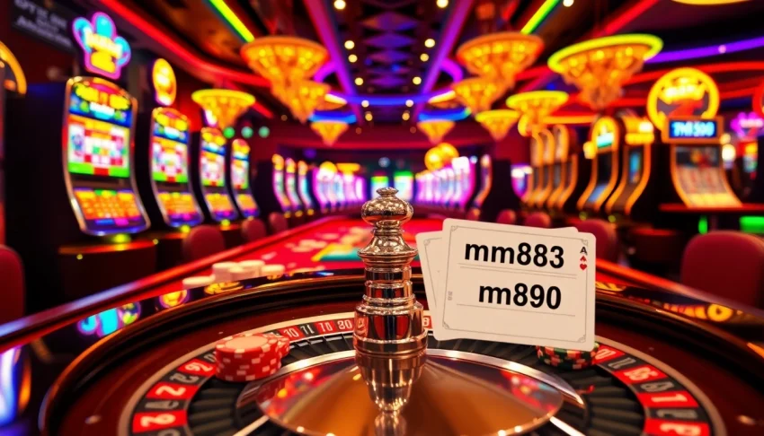 Experience the thrill of gambling at mm88 with a bustling casino scene featuring roulette and poker.