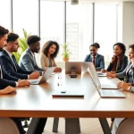 Collaborative team discussion featuring https://valuesfirst.com in a modern office.