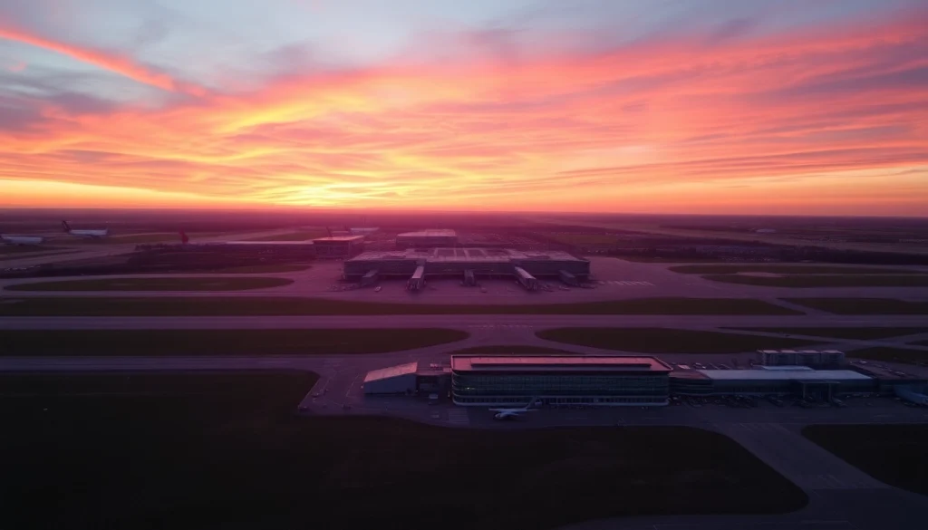 Explore the bustling Stansted Airport during sunset, highlighting its vibrant colors and busy atmosphere.