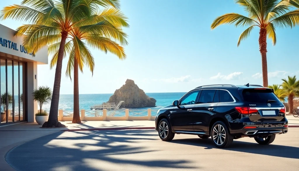 Cabo airport transportation model in a luxurious SUV against the scenic Cabo San Lucas landscape.