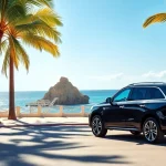 Cabo airport transportation model in a luxurious SUV against the scenic Cabo San Lucas landscape.
