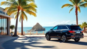 Cabo airport transportation model in a luxurious SUV against the scenic Cabo San Lucas landscape.