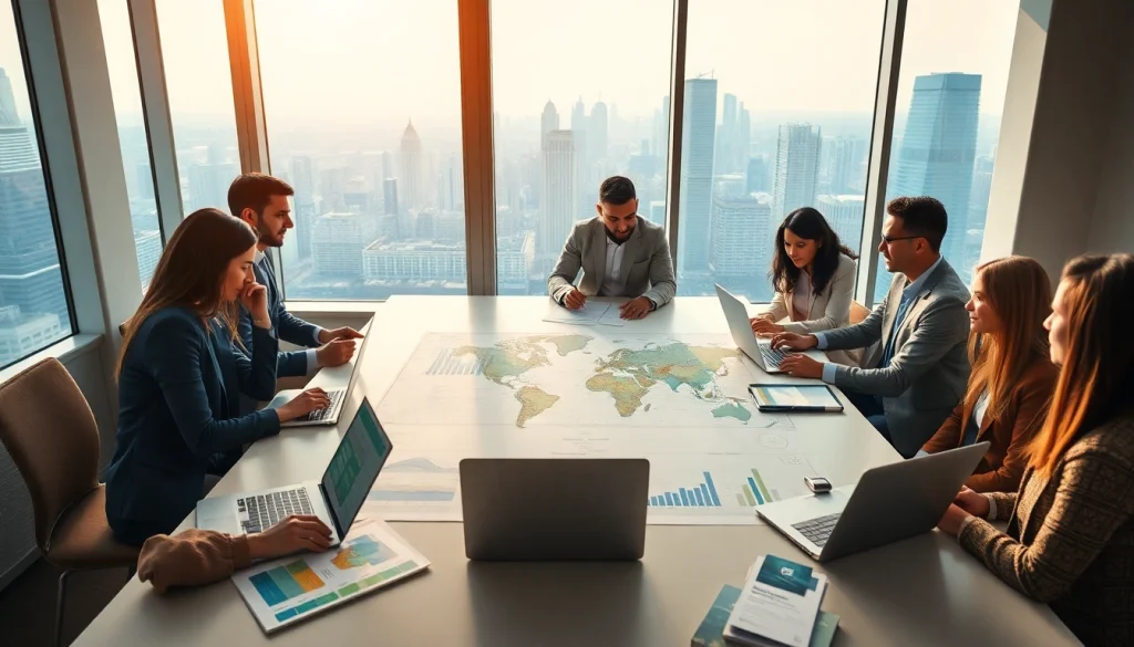 Group discussion on international real estate investment strategies in a bright conference room.