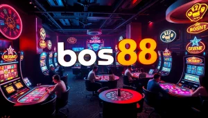 Menghadirkan pengalaman permainan yang mendebarkan di bos88 dengan lampu neon dan pemain yang terlibat.
