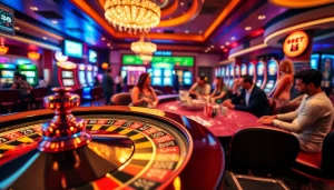 A roulette wheel spins in a lively casino scene at 89bet.house, embodying the thrill of gambling.