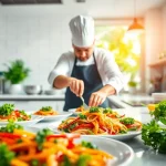 Chef creating colorful dishes at recipesalexarciab.com, showcasing culinary artistry.