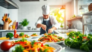 Chef creating colorful dishes at recipesalexarciab.com, showcasing culinary artistry.