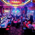 Experience the vibrant gambling world of KJC AC 1 with players enjoying casino tables and slot machines.