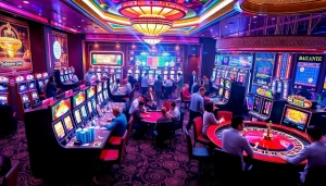 Experience the vibrant gambling world of KJC AC 1 with players enjoying casino tables and slot machines.