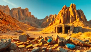 Visual representation of King Solomon's Mine showcasing ancient treasures amidst a stunning desert backdrop.