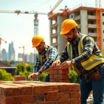 Workers from building companies near me laying bricks on a residential construction site