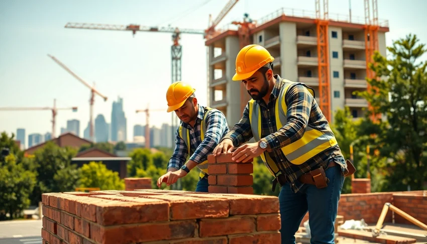 Workers from building companies near me laying bricks on a residential construction site