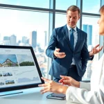 Real Estate agent showcasing property listings in a modern office setting