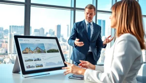 Real Estate agent showcasing property listings in a modern office setting