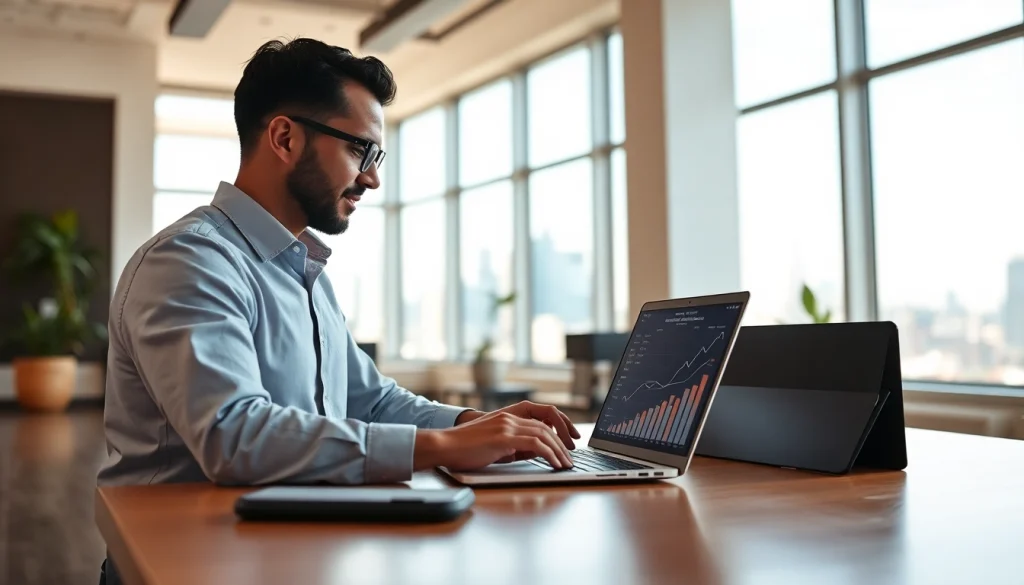 Real estate flipping investor analyzing data on a laptop, showcasing charts and profits.