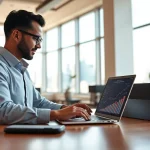 Real estate flipping investor analyzing data on a laptop, showcasing charts and profits.