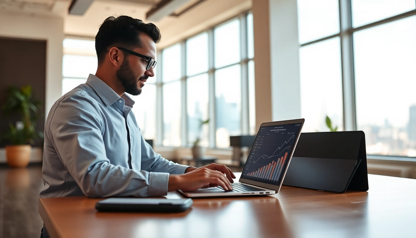 Real estate flipping investor analyzing data on a laptop, showcasing charts and profits.