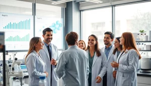 ADAPTABLE Aspirin Study collaboration among researchers in a bright laboratory.