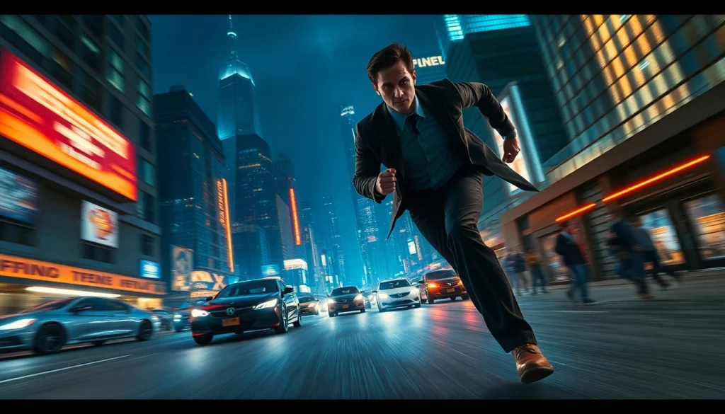 Action thriller scene with a heroic character in pursuit against a dramatic urban backdrop.