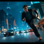 Action thriller scene with a heroic character in pursuit against a dramatic urban backdrop.