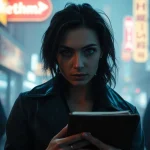Detective solving a Clean thriller in a rain-soaked urban setting with neon lights.