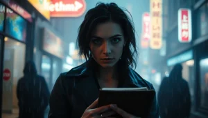 Detective solving a Clean thriller in a rain-soaked urban setting with neon lights.