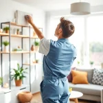 Enhance your space with our Cleaning Service featuring a professional cleaner in action.