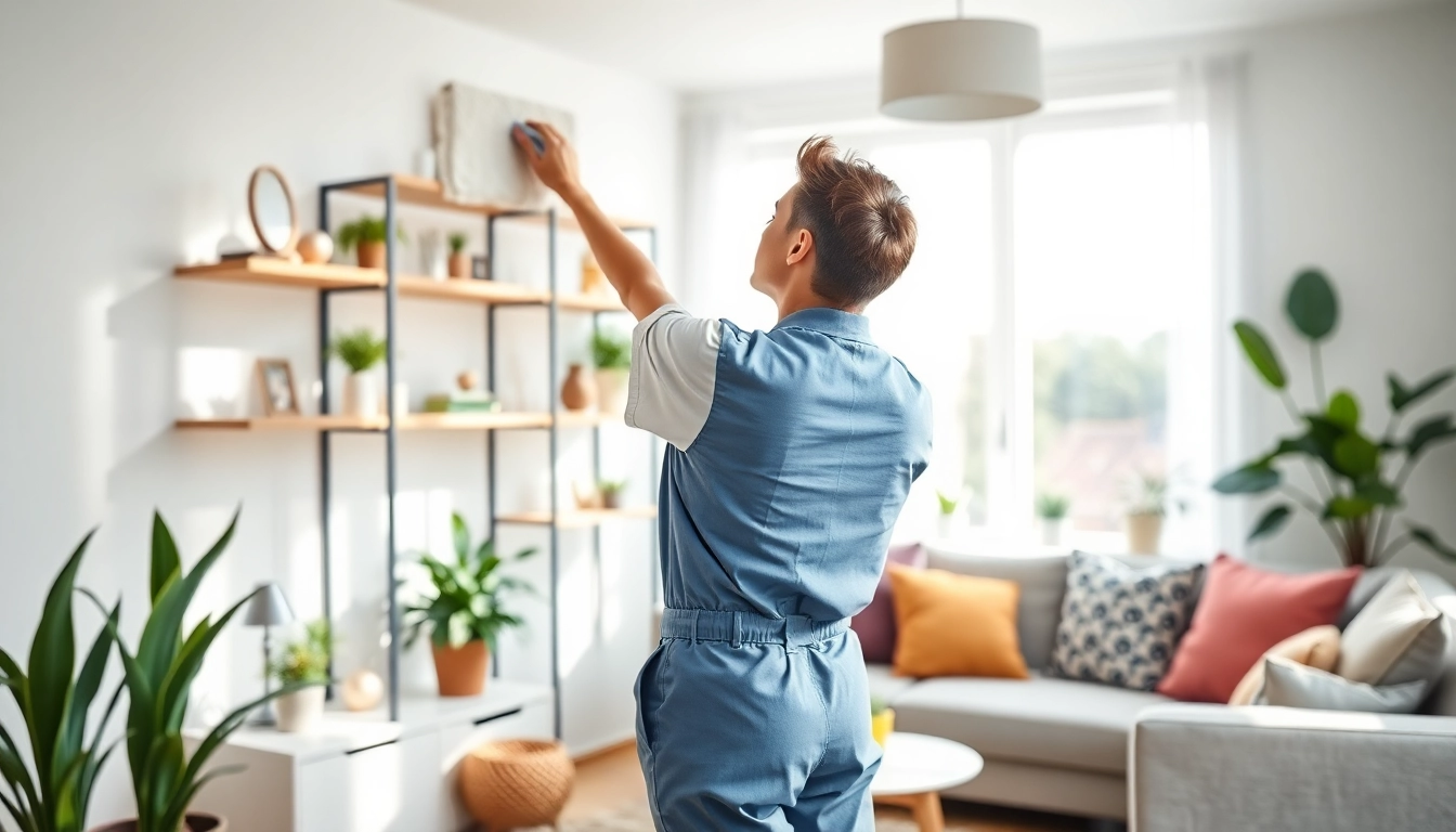 Enhance your space with our Cleaning Service featuring a professional cleaner in action.