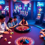 A dynamic casino scene showcasing players around a poker table and KJC AC 2 themed roulette wheel.