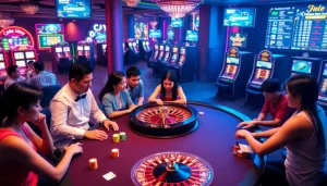 A dynamic casino scene showcasing players around a poker table and KJC AC 2 themed roulette wheel.