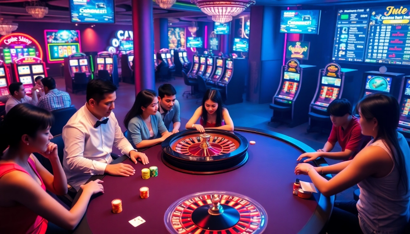 A dynamic casino scene showcasing players around a poker table and KJC AC 2 themed roulette wheel.