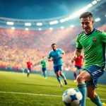 Showcasing football kits on players in an exciting stadium atmosphere.