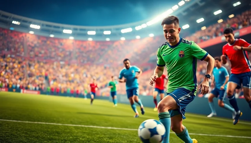 Showcasing football kits on players in an exciting stadium atmosphere.