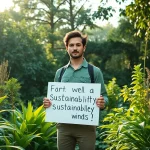 Advocate for sustainability raising awareness with a sign at https://www.unsustainablemagazine.com.