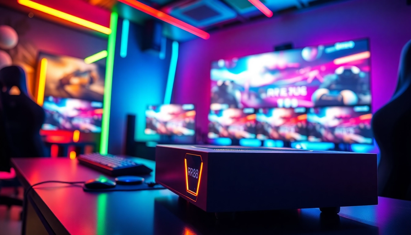 RR88 gaming console highlighted in a vibrant gaming setup showcasing dynamic scenes and innovative design.